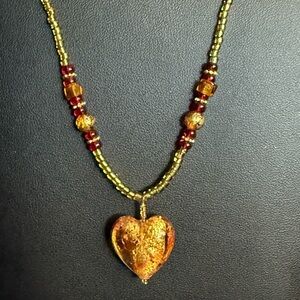 Gold and Red Glass Heart Pendant Necklace